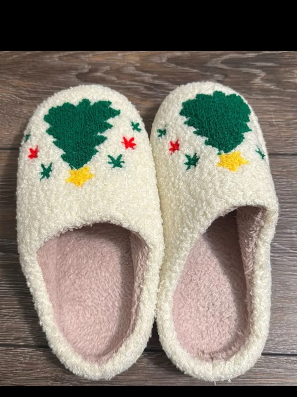SHEIN Cream Fuzzy Holiday Tree Slippers with Green, Yellow & Red Accents